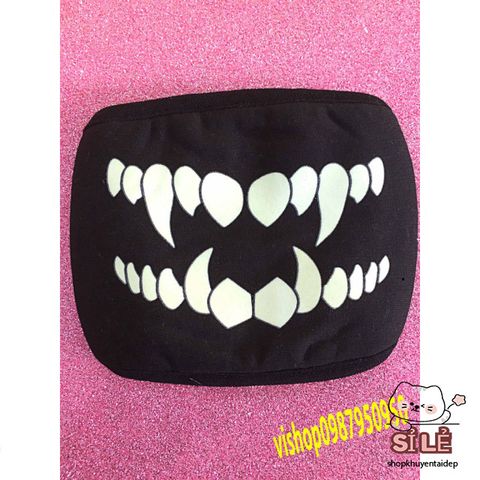 Khẩu Trang Cotton Đen Anime Manga Họa Tiết Răng Nanh Hoạt Hình - Thoáng Khí, Chống Bụi, Unisex, Phù Hợp Mọi Giới Tính