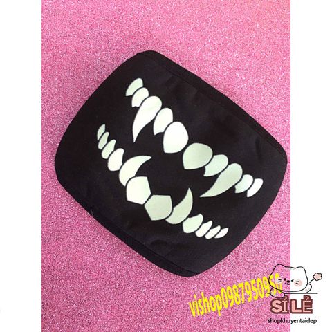 Khẩu Trang Cotton Đen Anime Manga Họa Tiết Răng Nanh Hoạt Hình - Thoáng Khí, Chống Bụi, Unisex, Phù Hợp Mọi Giới Tính