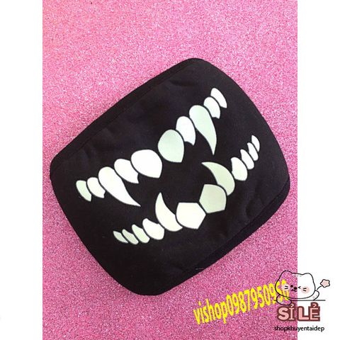 Khẩu Trang Cotton Đen Anime Manga Họa Tiết Răng Nanh Hoạt Hình - Thoáng Khí, Chống Bụi, Unisex, Phù Hợp Mọi Giới Tính