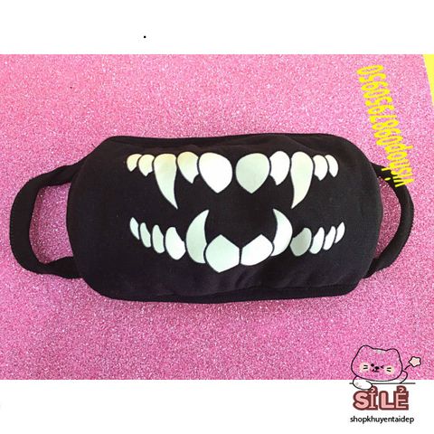 Khẩu Trang Cotton Đen Anime Manga Họa Tiết Răng Nanh Hoạt Hình - Thoáng Khí, Chống Bụi, Unisex, Phù Hợp Mọi Giới Tính