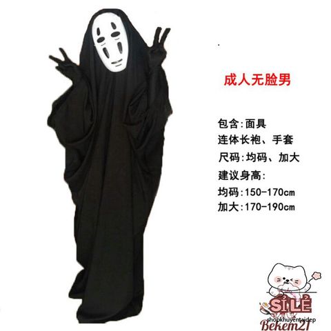 Bộ Trang Phục Cosplay Kaonashi - Hóa Trang Vô Diện Hayao Miyazaki Cho Trẻ Em và Người Lớn - Áo Choàng Đen và Mặt Nạ Vô Diện