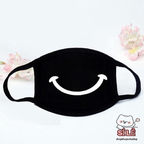 Khẩu Trang Cotton Đen Họa Tiết Miệng Cười Mũi Tên - Phong Cách Anime/Manga Thời Trang, Chống Bụi Và Kháng Khuẩn