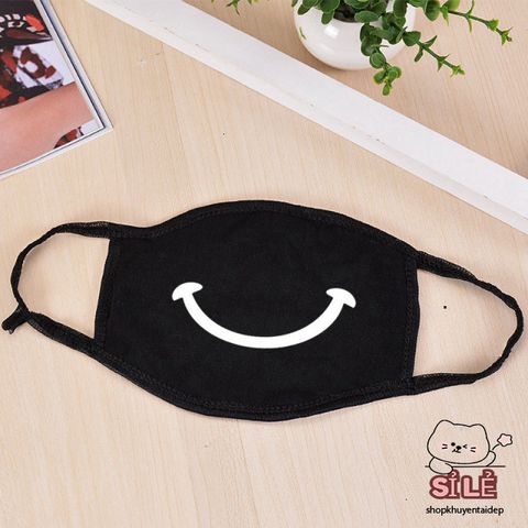 Khẩu Trang Cotton Đen Họa Tiết Miệng Cười Mũi Tên - Phong Cách Anime/Manga Thời Trang, Chống Bụi Và Kháng Khuẩn