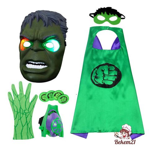 Bộ Đồ Hóa Trang Hulk Siêu Anh Hùng Cho Người Lớn Và Trẻ Em - Áo Choàng, Mặt Nạ Phát Sáng, Găng Tay, Kích Thước Đủ  S105-120, M120-130, L130-140