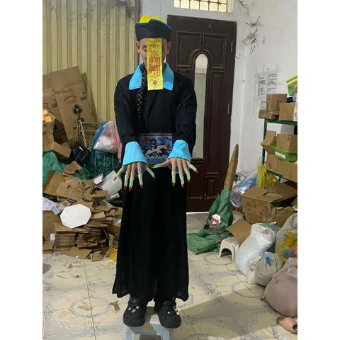 Bộ Trang Phục Ma Cương Thi Trung Quốc - Hóa Trang Halloween Kèm Mũ Tóc Đuôi Sam & Lá Bùa Cho Người Lớn
