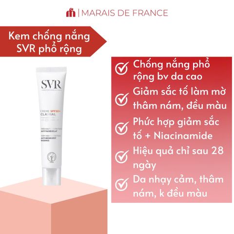 Kem Chống Nắng SVR Clairial SPF50+ 50ml - Hỗ Trợ Mờ Nám, Làm Sáng Da, Bảo Vệ Da Toàn Diện, Phù Hợp Mọi Loại Da