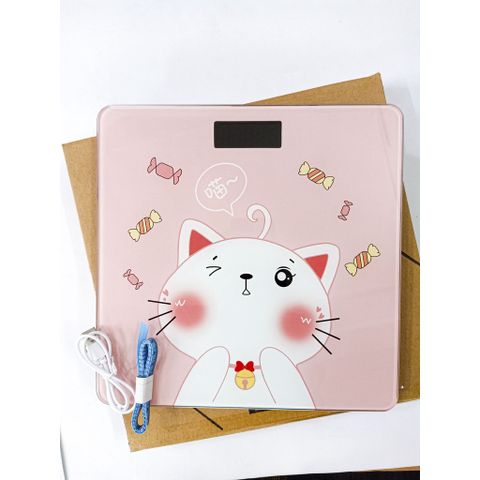 Cân Điện Tử Hình Mèo Hồng Sạc USB - Cân Sức Khỏe Gia Đình 180KG Bảo Hành 1 Năm, Thiết Kế Dễ Thương, Màn Hình LCD Rõ Ràng