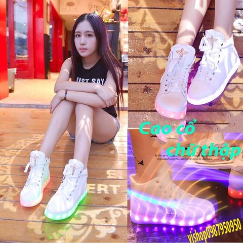 Giày Phát Sáng Đèn LED 7 Màu Trắng Chữ Thập Cổ Cao Cho Nam Nữ - Giày Thời Trang Công Nghệ, Đế Chống Nước, Sạc Được