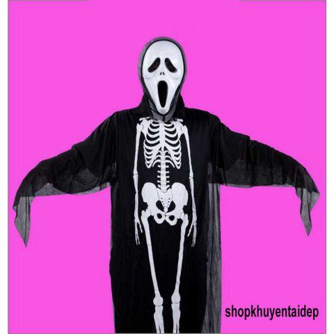 Trang Phục Hóa Trang Halloween Cao Cấp - Bộ Quần Áo Ma Xương Người và Mặt Nạ Đầu Lâu Rùng Rợn Cho Nam Nữ