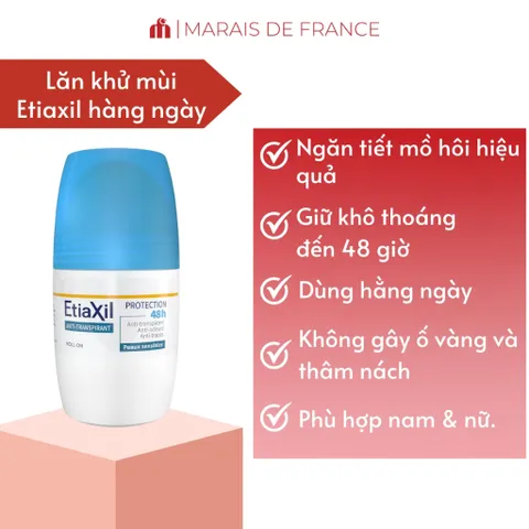 Lăn Khử Mùi Etiaxil 48H Roll-on 50ml - Khô Thoáng, Ngăn Mùi Cơ Thể, Dễ Dàng Sử Dụng, Xuất Xứ Pháp
