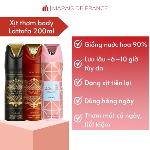 Xịt Thơm Body Lattafa 200ml - Shahd, Oud For Glory, Sublime - Hương Trung Đông Sang Trọng, Khử Mùi Suốt Ngày