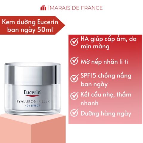 Kem Dưỡng Ẩm Eucerin Hyaluron-Filler SPF15 50ml - Dưỡng Da Khô, Giảm Nếp Nhăn, Bảo Vệ Da Ban Ngày, Cấp ẩm Sâu