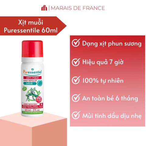 Xịt Chống Muỗi Puressentiel Anti Pique Bébé 60ml - Tinh Dầu Thiên Nhiên, An Toàn Cho Da Nhạy Cảm, Đuổi Muỗi Nhanh Chóng, Dành Cho Trẻ Nhỏ