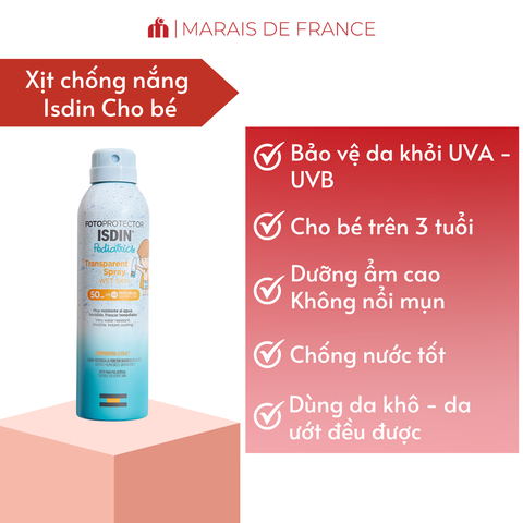 Xịt Chống Nắng Trong Suốt Cho Bé Isdin Pediatrics Wet Skin SPF50+ 250ml - Phù hợp cho trẻ từ 3 tuổi, không vệt trắng, chống nước hiệu quả