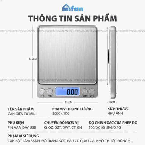 Cân Điện Tử Mini Cao Cấp MIFAN - 0.01g - 3kg, Nhỏ Gọn, Thép Không Gỉ, Màn Hình LCD - Cân Thực Phẩm, Trang Sức, Làm Bánh