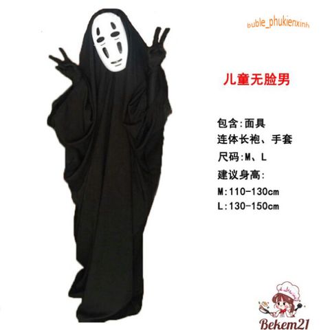 Bộ Trang Phục Vô Diện Kaonashi Cosplay - Áo Choàng Đen, Mặt Nạ và Găng Tay - Phù Hợp Cho Trẻ Em và Người Lớn