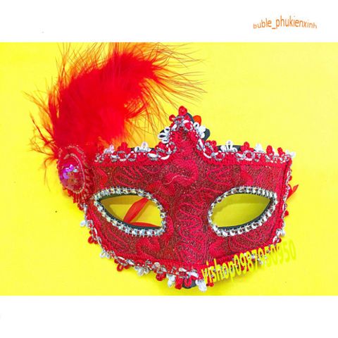 Mặt Nạ Halloween Lông Vũ Đính Đá Màu Đỏ Rực Rỡ - Phụ Kiện Dự Tiệc, Cosplay Đặc Biệt, Đạo Cụ Xinh Xắn