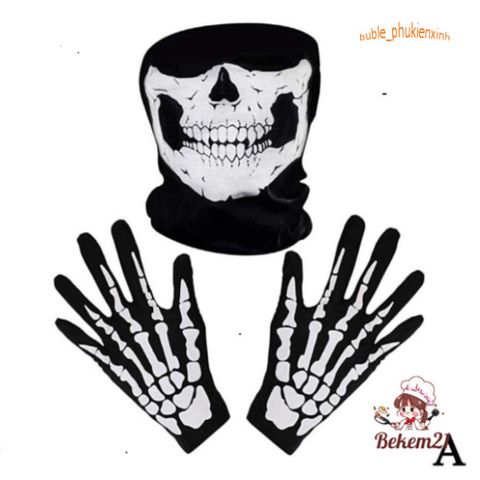 Mặt Nạ Halloween Bộ Xương Ma Ám Kèm Găng Tay Xương - Phụ Kiện Tiệc Hóa Trang Độc Đáo, Phù Hợp Cho Dịp Halloween