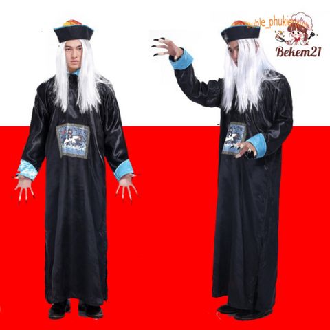 Bộ Trang Phục Ma Cương Thi Trung Quốc Kèm Mũ Tóc Đuôi Sam - Hóa Trang Halloween Cho Người Lớn, Phụ Kiện Đầy Đủ