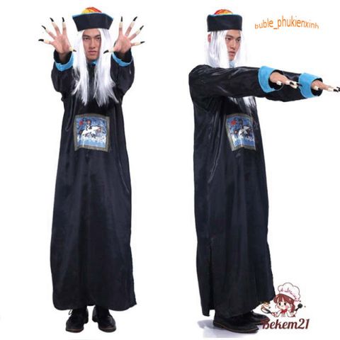 Bộ Trang Phục Ma Cương Thi Trung Quốc Kèm Mũ Tóc Đuôi Sam - Hóa Trang Halloween Cho Người Lớn, Phụ Kiện Đầy Đủ