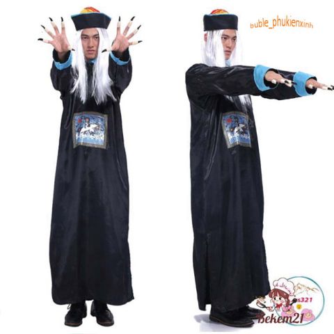 Bộ Trang Phục Ma Cương Thi Trung Quốc Kèm Mũ Tóc Đuôi Sam - Hóa Trang Halloween Cho Người Lớn, Phụ Kiện Đầy Đủ