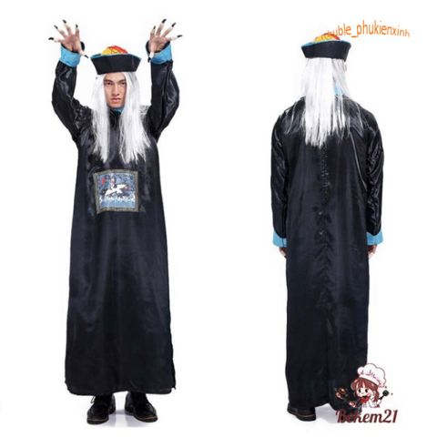 Bộ Trang Phục Ma Cương Thi Trung Quốc Kèm Mũ Tóc Đuôi Sam - Hóa Trang Halloween Cho Người Lớn, Phụ Kiện Đầy Đủ