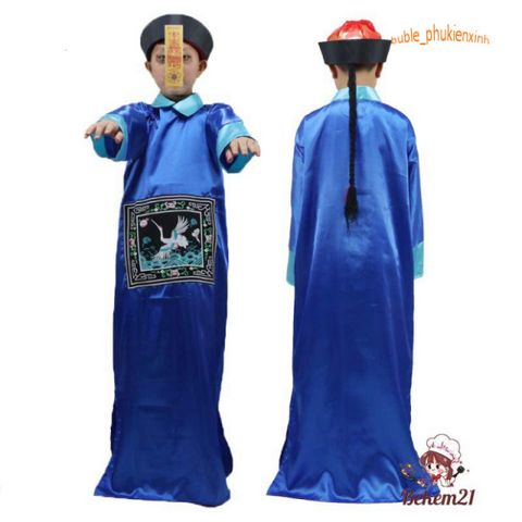 Bộ Trang Phục Ma Cương Thi Trung Quốc Kèm Mũ Tóc Đuôi Sam - Hóa Trang Halloween Cho Người Lớn, Phụ Kiện Đầy Đủ