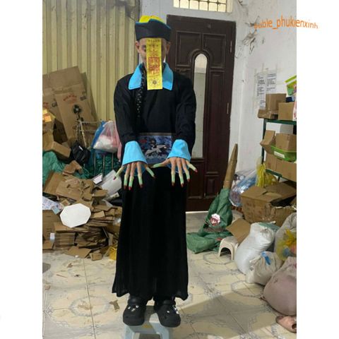 Bộ Trang Phục Ma Cương Thi Trung Quốc Kèm Mũ Tóc Đuôi Sam - Hóa Trang Halloween Cho Người Lớn, Phụ Kiện Đầy Đủ