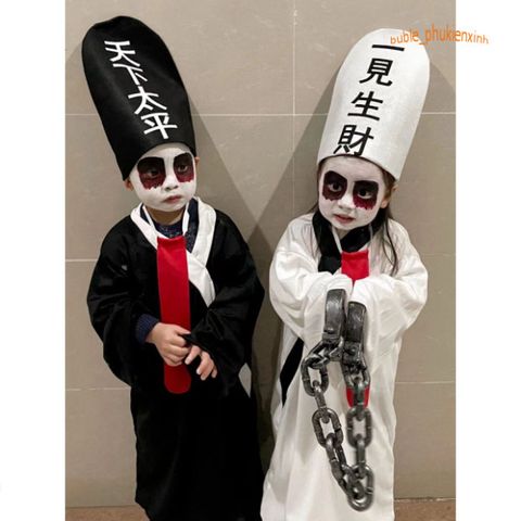 Bộ trang phục Hắc Bạch Vô Thường cho Halloween - Áo dài, mũ và lưỡi giả - Thời trang cosplay bí ẩn và hấp dẫn