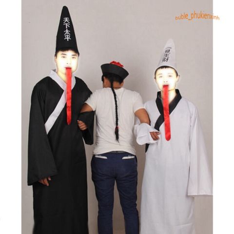 Bộ trang phục Hắc Bạch Vô Thường cho Halloween - Áo dài, mũ và lưỡi giả - Thời trang cosplay bí ẩn và hấp dẫn