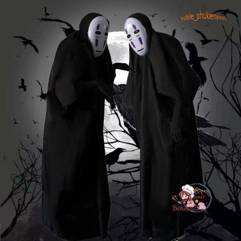 Bộ trang phục hóa trang Vô Diện Spirited Away - Set cosplay hoàn chỉnh cho trẻ em và người lớn, áo choàng đen và mặt nạ độc đáo