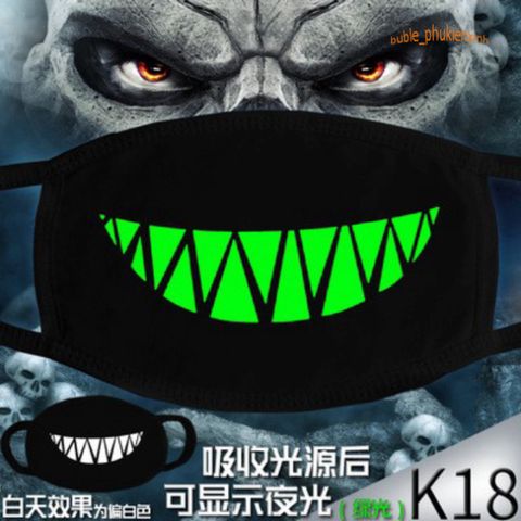 Khẩu Trang Dạ Quang Hình Miệng Cười - Vải Cotton Mềm Mịn Tỏa Sáng Ban Đêm, Thời Trang Anime Naruto, One Piece, Attack on Titan