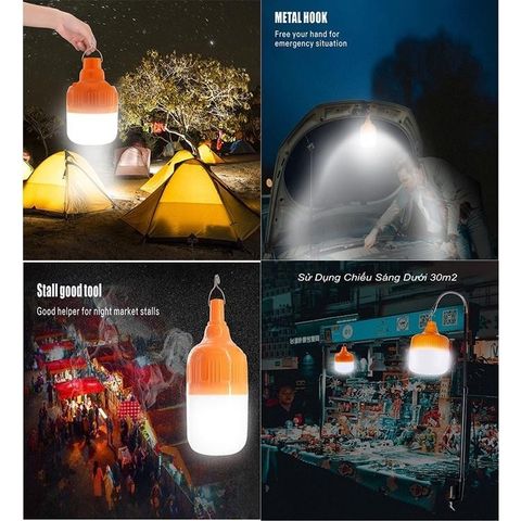 Bóng Đèn LED Tích Điện Đa Năng 100W-150W, Có Móc Treo USB, 3 Chế Độ Sáng, Thời Gian Sử Dụng 4-8 Giờ - Tiện Ích Khi Mất Điện, Dã Ngoại