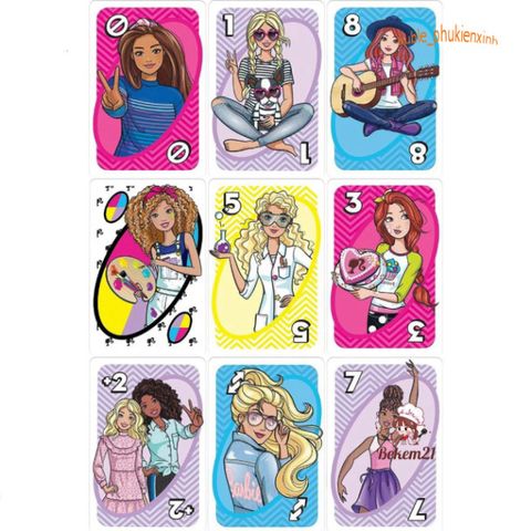 Bộ Thẻ Bài UNO Barbie - 112 thẻ bài trò chơi thú vị với hình ảnh nhân vật hoạt hình, hoàn hảo cho gia đình và bạn bè.