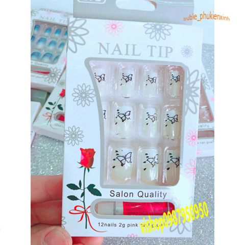 Bộ 12 Móng Tay Giả Cao Cấp Trắng Đen Kèm Keo Dán Chắc Chắn - Dễ Dàng Sử Dụng Tại Nhà, Bộ Làm Đẹp Thời Thượng