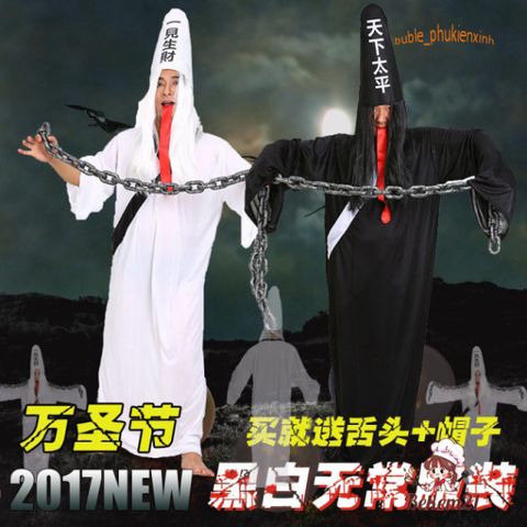 Bộ Trang Phục Hóa Trang Halloween Kinh Dị Hắc Bạch Vô Thường Dành Cho Nam Nữ - Chiếc Áo, Nón, và Phụ Kiện Halloween Thú Vị