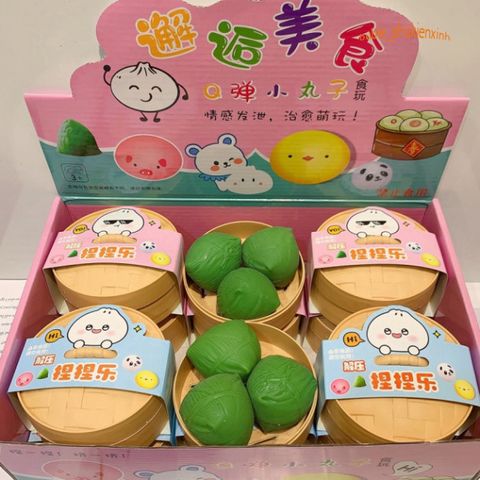 Hộp 3 chiếc bánh bao squishy mềm mại hình thỏ trắng, gấu nâu và quả đào dễ thương.
