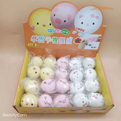 Hộp 3 chiếc bánh bao squishy mềm mại hình thỏ trắng, gấu nâu và quả đào dễ thương.