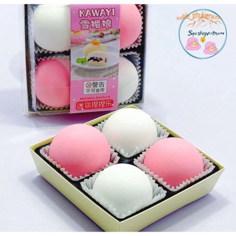Hộp Squishy Mochi 4 Bánh Bao Trắng Hồng - Đồ Chơi Giải Tỏa Căng Thẳng Dễ Thương Cho Trẻ Em và Người Lớn
