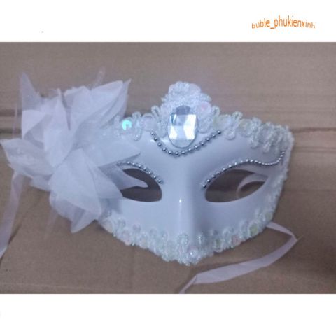 Mặt Nạ Mắt Lông Vũ Trắng Đen Đính Ngọc Trai - Phụ Kiện Hóa Trang Halloween Sang Trọng và Ấn Tượng