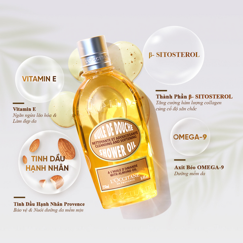 Sữa Tắm L'Occitane Almond Shower Oil 250ml - Dưỡng ẩm Chiết Xuất Hạnh Nhân Tự Nhiên giúp Da Mềm Mại, Thư Giãn, Chính Hãng