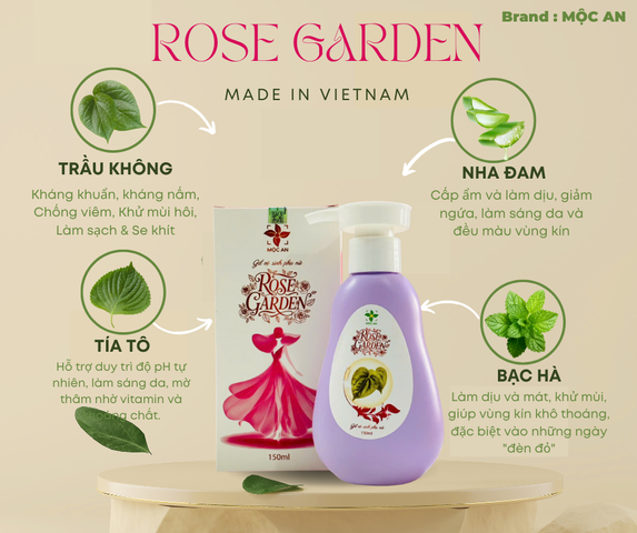 Dung Dịch Vệ Sinh Phụ Nữ ROSE GARDEN 150ml - MỘC AN, Chiết Xuất Từ Lá Trầu Không, Nha Đam, Bạc Hà, Kháng Khuẩn, Duy Trì Độ Ẩm