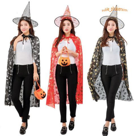 Bộ hóa trang phù thủy 2020 cho trẻ em & người lớn - Áo choàng đen và nón phù thủy Halloween phong cách kỳ bí, hấp dẫn