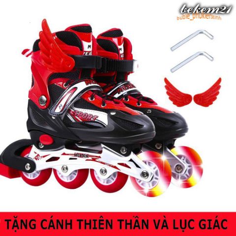 Giày Patin Đèn Flash Kèm Bảo Hộ - Giày Trượt Thể Thao Cho Trẻ Em và Người Lớn, Size S/M/L, Màu Hồng/Đỏ/Xanh