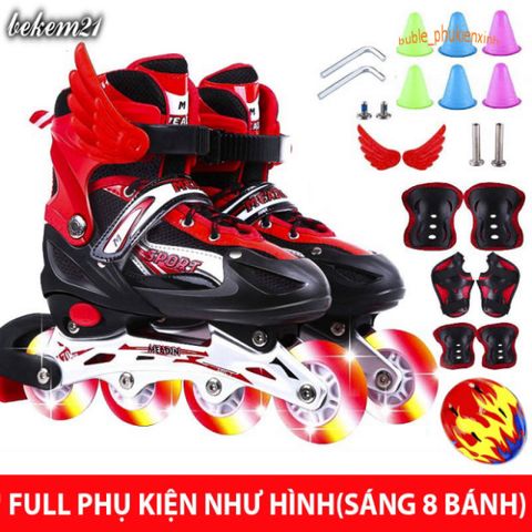 Giày Trượt Patin Cao Cấp 8 Bánh Xe Phát Sáng + 20 Món Phụ Kiện Bảo Hộ - Giày Patin Thế Hệ Mới Cho Bé Gái và Bé Trai