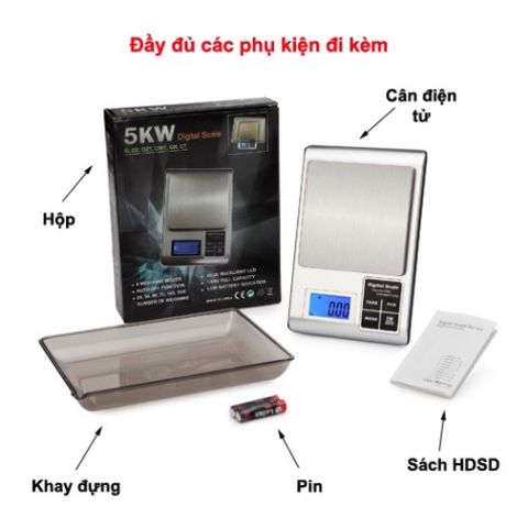 Cân Điện Tử Tiểu Ly Bỏ Túi 5KW - Cân Chính Xác 0.1G Đến 3KG, Chức Năng Trừ Bì, Đơn Vị Đo Đa Dạng, Thiết Kế Sang Trọng