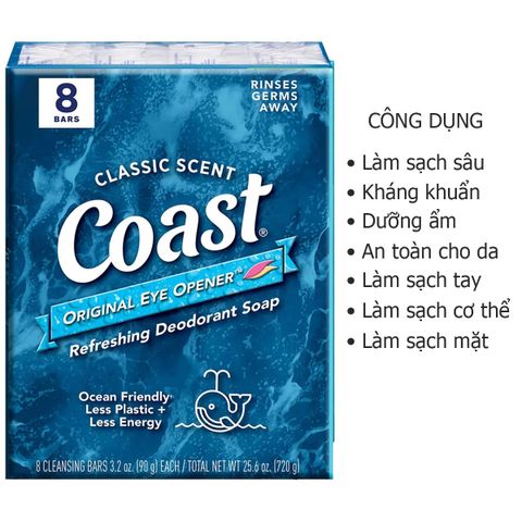 Xà Phòng Cục COAST 113G - Lốc 8 Cục Xà Bông Kháng Khuẩn Mỹ - Sạch Sẽ và Tươi Mát cho Mọi Loại Da