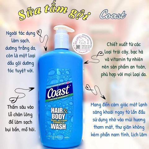 Sữa Tắm COAST 946ml 2in1 Có Vòi - Dầu Gội và Sữa Tắm Tiện Lợi, Hương Thơm Dễ Chịu, Chăm Sóc Da Và Tóc Tối Ưu - Hàng Mỹ