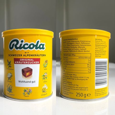 Kẹo Ricola Original 250g - Kẹo Chiết Xuất Thảo Dược Từ Đức Hỗ Trợ Hệ Hô Hấp, Dễ Chịu, Không Gluten, Không Lactose