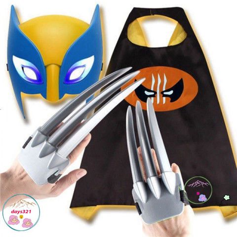 Bộ hóa trang Người Sói Wolverine - Áo choàng satin, mặt nạ và móng vuốt phát sáng cho bé trai từ 90-130cm - Quà tặng độc đáo